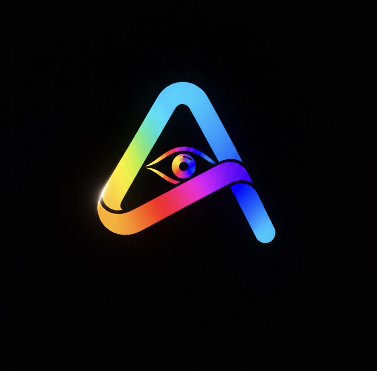 Símbolo APEX com um A e um olho em cores iridescentes
